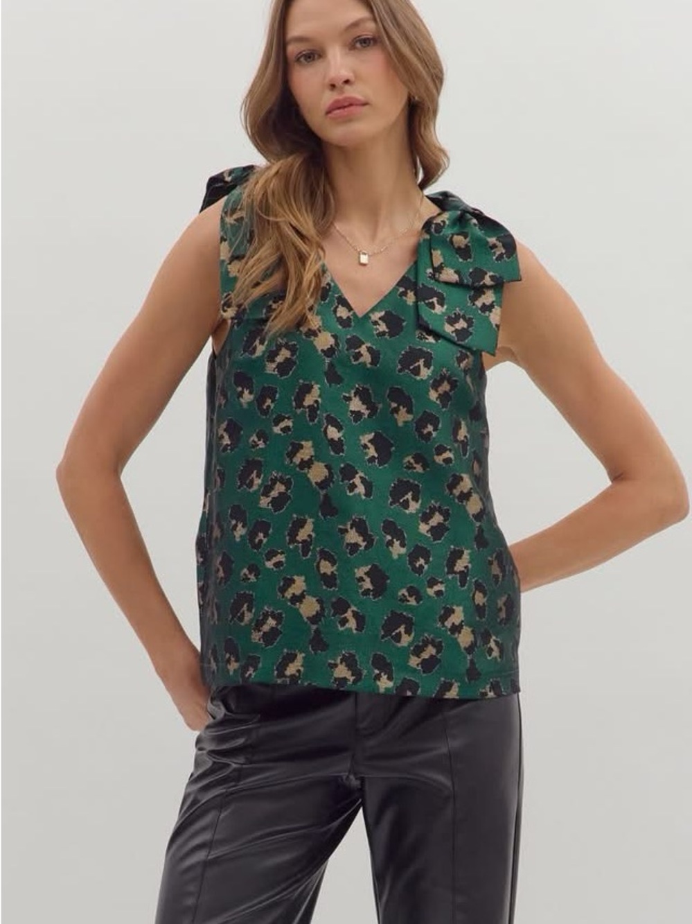 entro Green Leopard-Print V-Neck Tie-Shoulder Blouse